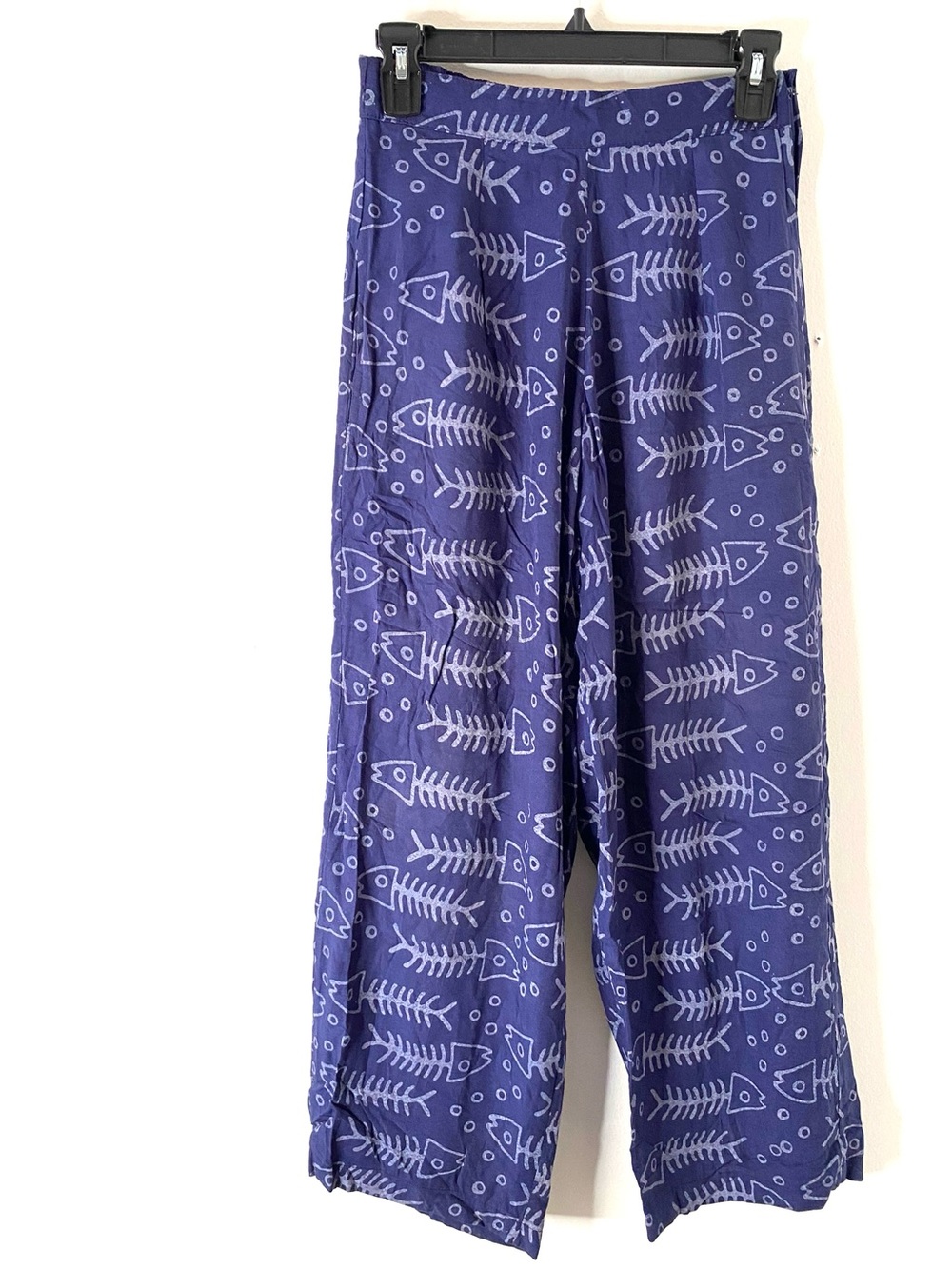 Very Vineyard Fish Print Wide Leg Rayon Pants Coastal Beach Resort Blue